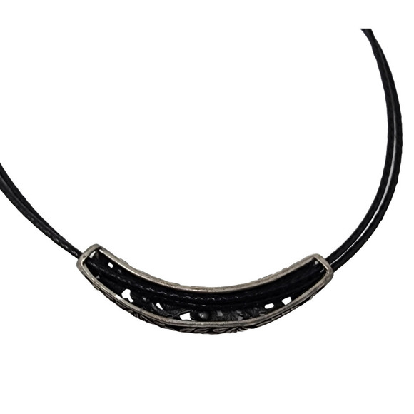 Lia Sophia- Black Rope Necklace -Antiqued Silver, Flower and Crystals (16" -19") - Picture 6 of 8
